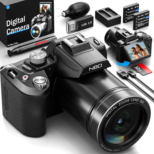 NBD 5K 64 Megapixel Digital Camera [Wi-Fi and App Control] 16x Zoom Digital Camera, Auto Focus, Image Stabilization | 180° Flip Screen & Webcam Function | 32GB Micro SD Card & 2 Batteries Included
