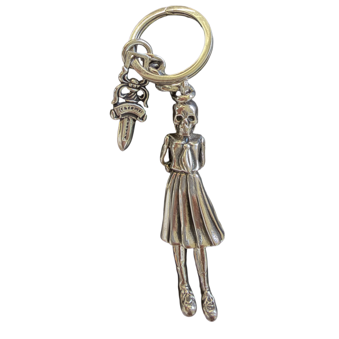 CHROME HEARTS FOTI 'SKIPPY SKULL SCHOOLGIRL' DAGGER PENDANT SILVER KEYCHAIN