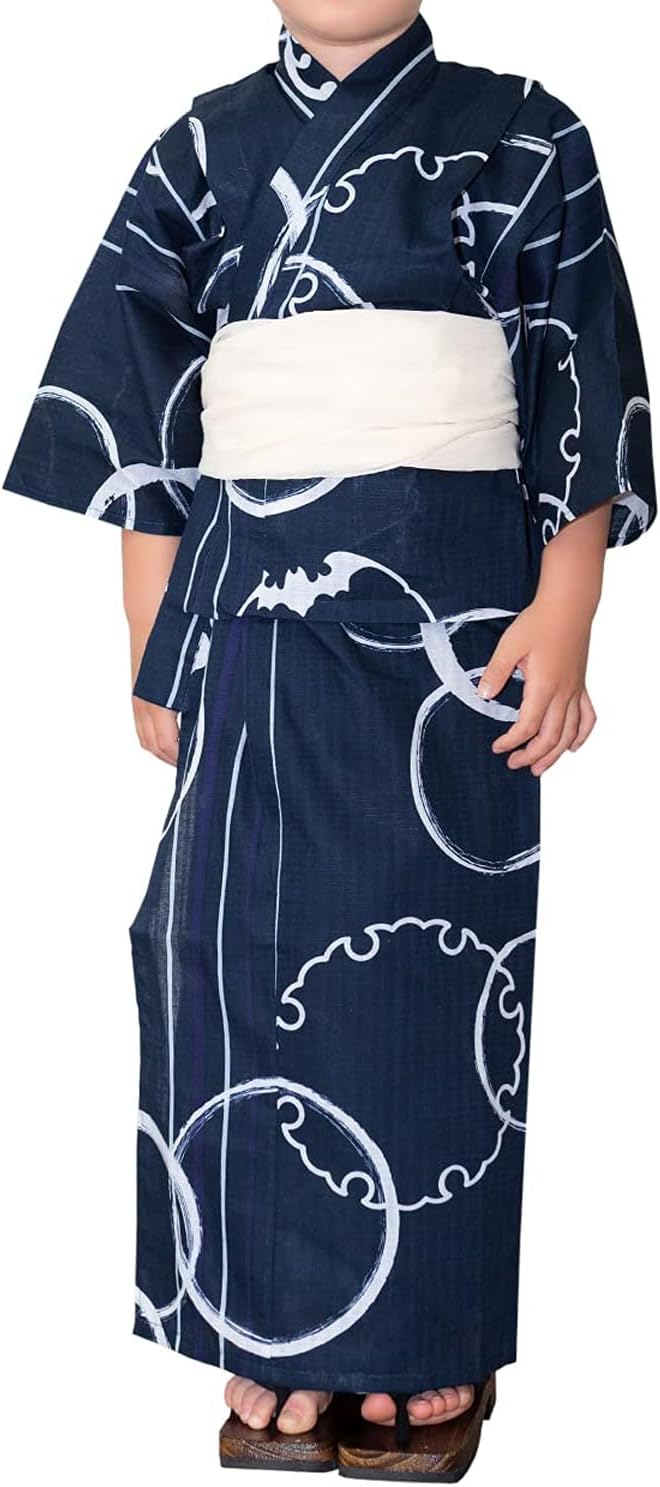 Kyoetsu Boys Yukata Set, Changeable Weaving, 3-Piece Set (Yukata, Waistband, Geta Clogs)