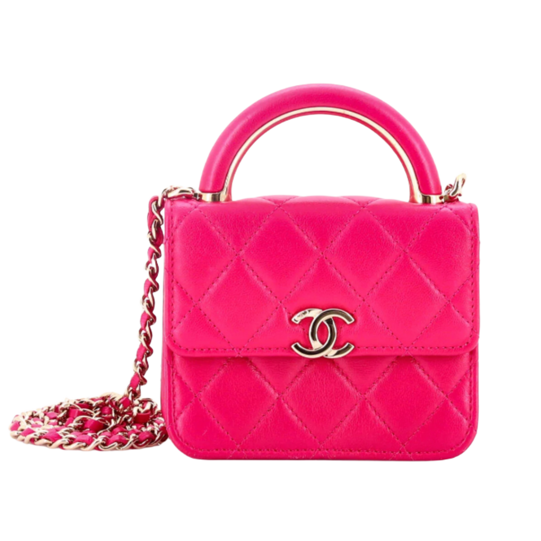 CHANEL 'CHARMING HANDLE FLAP' CLUTCH QUILTED LAMBSKIN MINI PINK