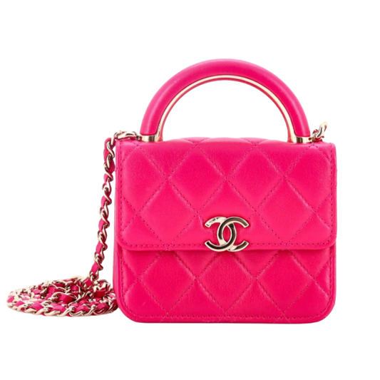 CHANEL 'CHARMING HANDLE FLAP' CLUTCH QUILTED LAMBSKIN MINI PINK