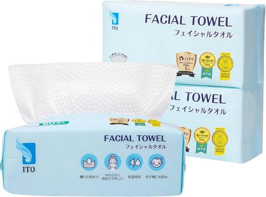 ITO Facial Towels, 3 Sets of 60 Sheets, For Tackling Sensitive Skin and Rough Skin, Disposable Towels, Cleansing Towels, Facial Towels