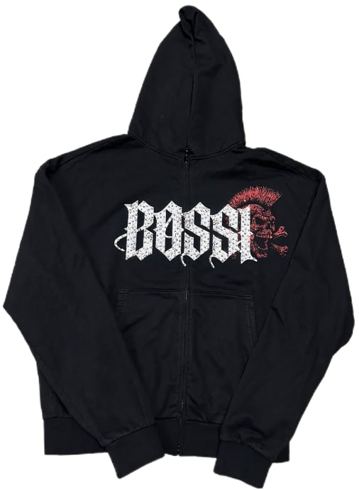 BOSSI 'MOHAWK RED SKULL' RHINESTONE ZIP-UP HOODIE