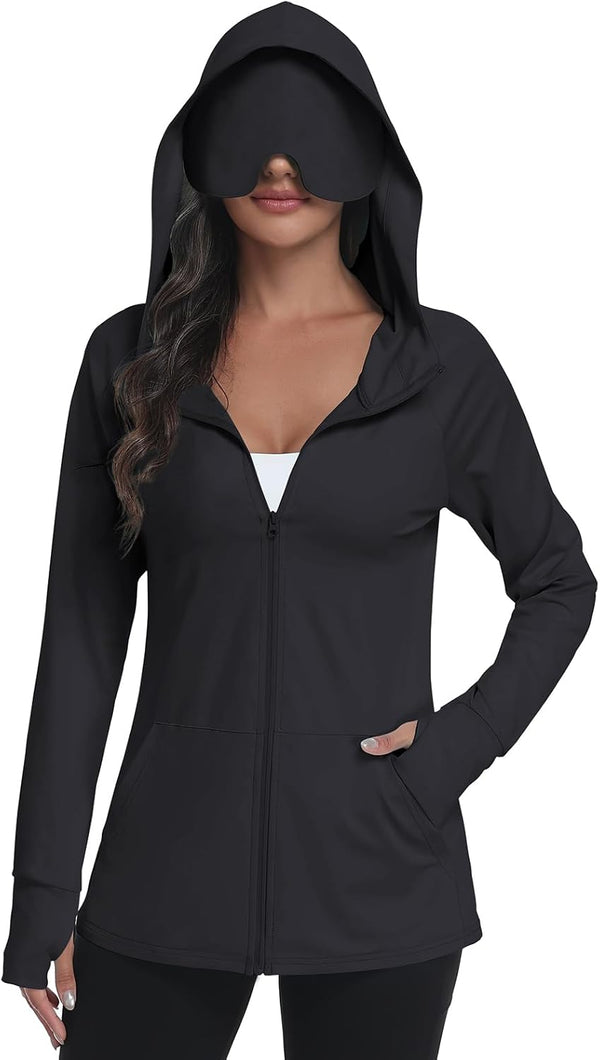 SeSe Code Sudadera con capucha UPF 50+ con máscara de ojos para mujer, chaquetas de viaje con cremallera para dormir, protección solar, bolsillos para siesta al aire libre