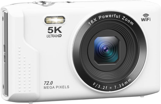 AiMike Digital Camera, 5K Digital Camera, WIFI Transfer Function, 72 Megapixels, 64 GB Micro SD Card, 16x Digital Zoom, Autofocus Function, LED Light, Webcam, 2.8 Inch Large Screen, 2 Batteries
