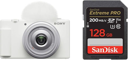 Sony Vlog Camera VLOGCAM Digital Camera ZV-1F Windscreen Included, Monofocal Lens, White ZV-1F W + [SanDisk Genuine] SD Card, 128 GB SDXC Class 10, UHS-I V30, Up to 200 MB/s Reading, SanDisk Extreme