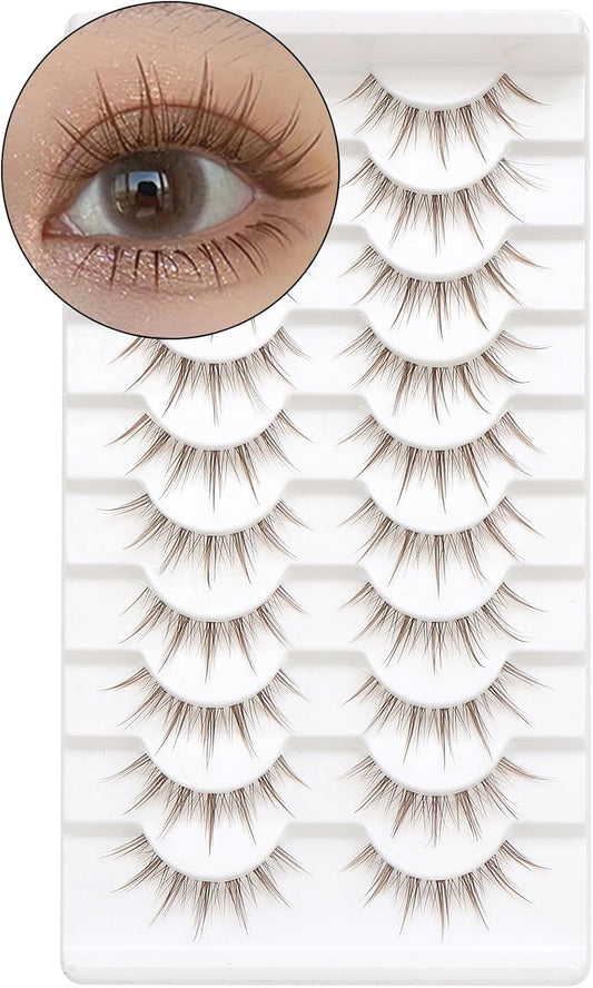10 Pairs Brown False Eyelashes Clear Band Cartoon False Eyelashes Japanese Anime Cosplay Brown Eyelashes Asian False Eyelashes Natural Look Like Individual Cluster (X9)