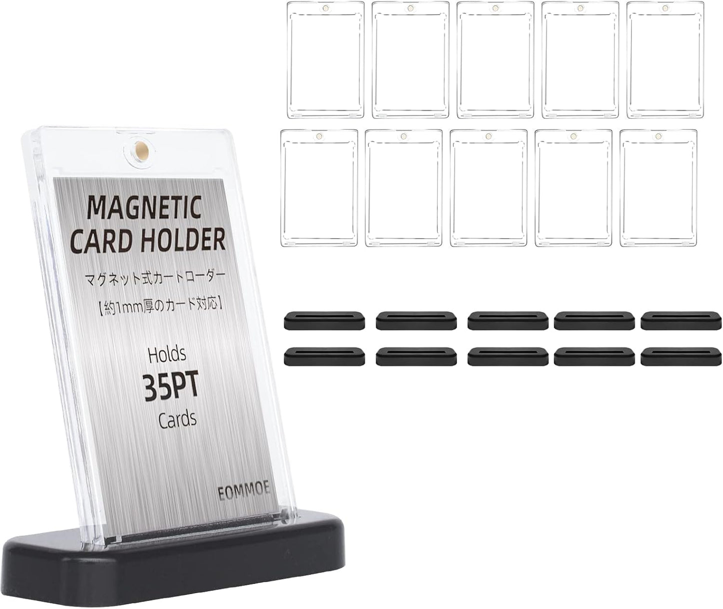EOMMOE Magnetic Loader, Set of 10 Loaders + 10 Stands, Inner Sleeve Included, Card Loader, 35 pt Stand, Pokécards, UV Protection, Pedestal, Black, Display Stand, Card Case, Protection, Storage,