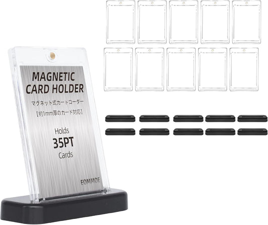 EOMMOE Magnetic Loader, Set of 10 Loaders + 10 Stands, Inner Sleeve Included, Card Loader, 35 pt Stand, Pokécards, UV Protection, Pedestal, Black, Display Stand, Card Case, Protection, Storage,