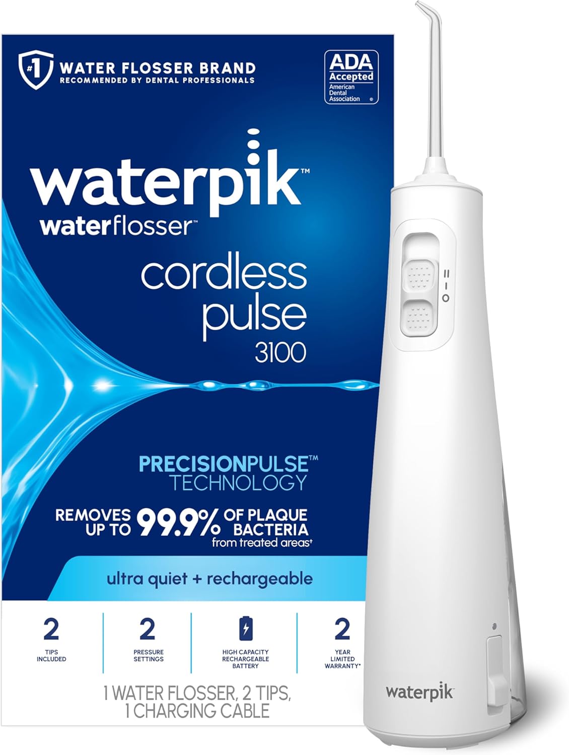 Waterpik Irrigador de agua portátil recargable Pulse 3100 inalámbrico para dientes, encías, cuidado de aparatos ortopédicos y viajes con 2 puntas de hilo dental, impermeable para uso en la ducha, aceptado por ADA, WF-20 blanco, exclusivo de Amazon