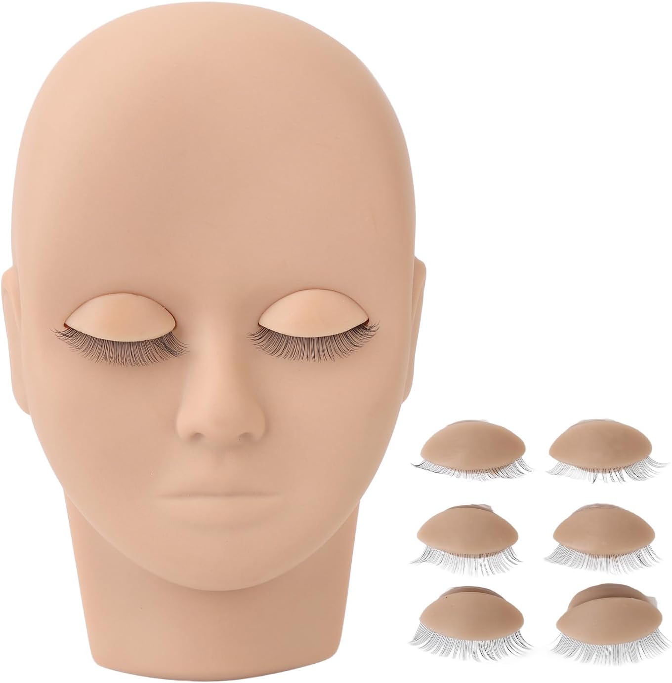 3D Simulated Face Double Eyelashes, Rubber and Silicone, Lash Mannequin Head, Beginner Eyelash Extensions, Reusable, Make Up, Facial, Massage, Acupuncture, 6.9 x 4.25 Inches (Light Brown)