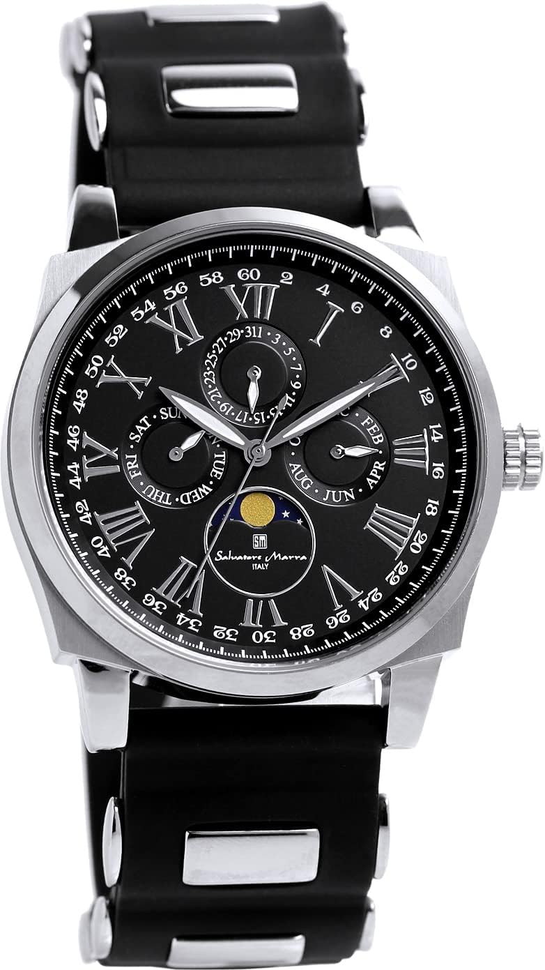 Salvatore Mala SM22105R-SSBK Moonphase Multi-Calendar, Water Resistant to 5 ATM, Business, Formal, Men's Rubber Belt, Limited Model, Black, Silver