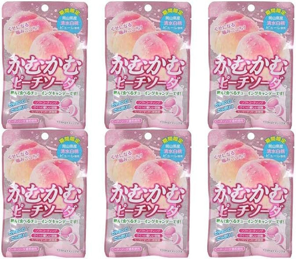 【甘さスッキリ】かむかむ ピーチソーダ 30g 岡山県産清水白桃ピューレ使用 チューイングキャンディ (【まとめ買い】 6袋)