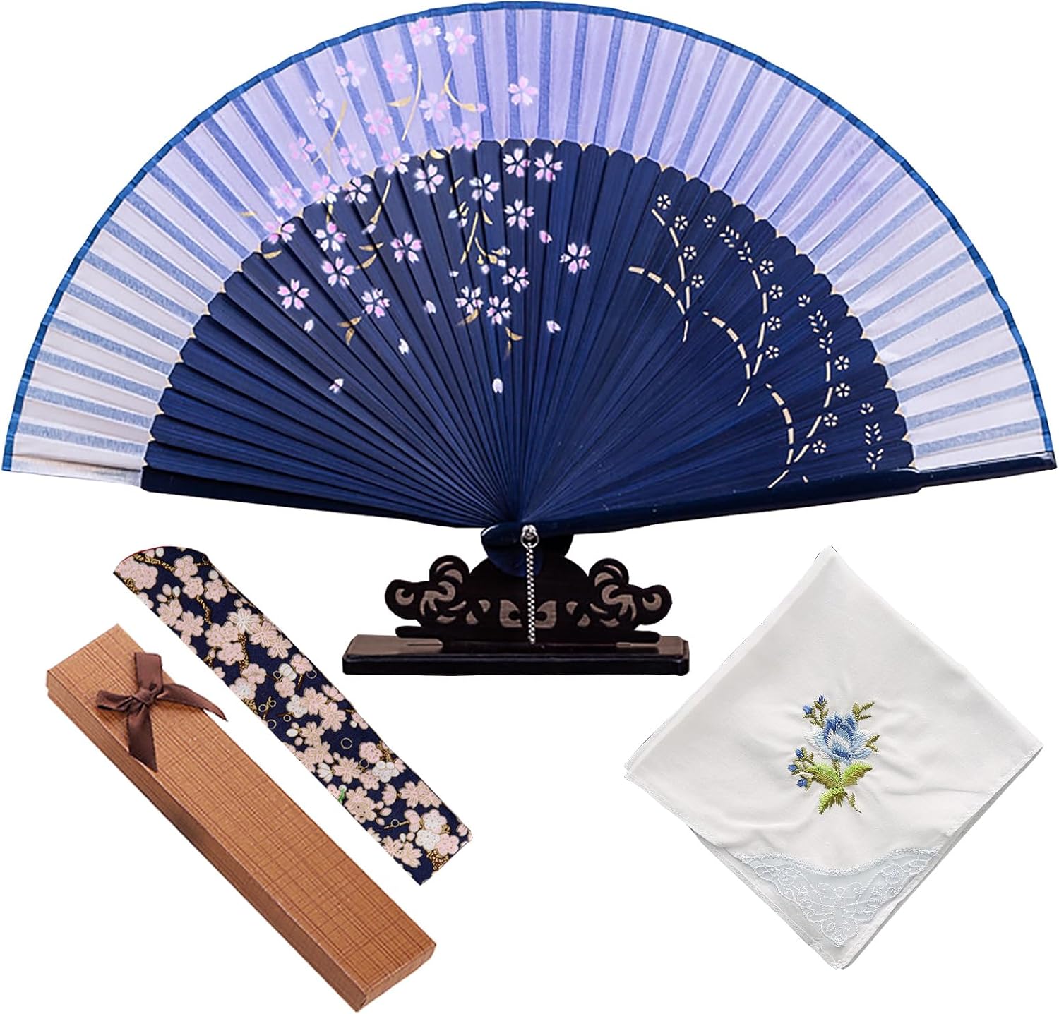 Jinchuan Women's Folding Fan, Luxury Business Fan Holder with Handkerchief Set, Cherry Blossom Rabbit, Japanese Style, Original Design