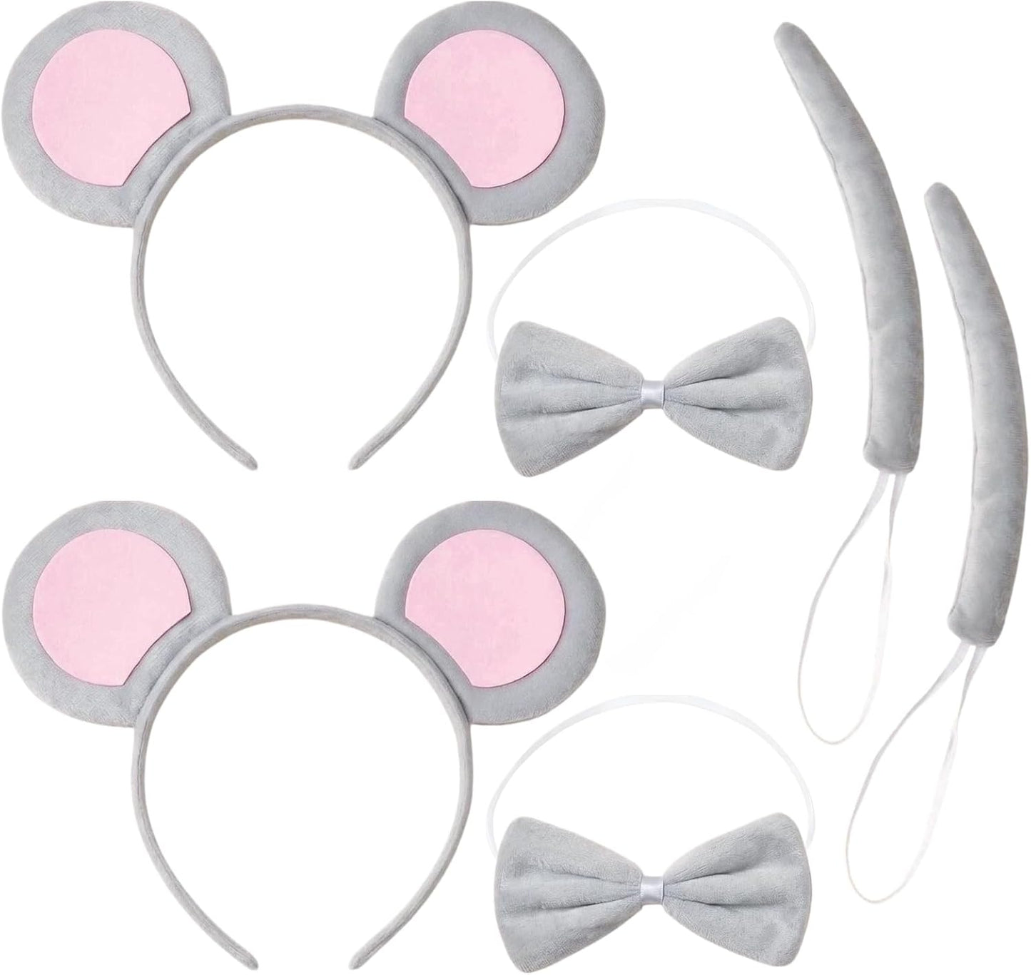 Set of 2 Headbands with Mouse Ears and Accessories Grey Costume Headbands with Ears, Ears, Tail and Bow Tie for Adults and Children