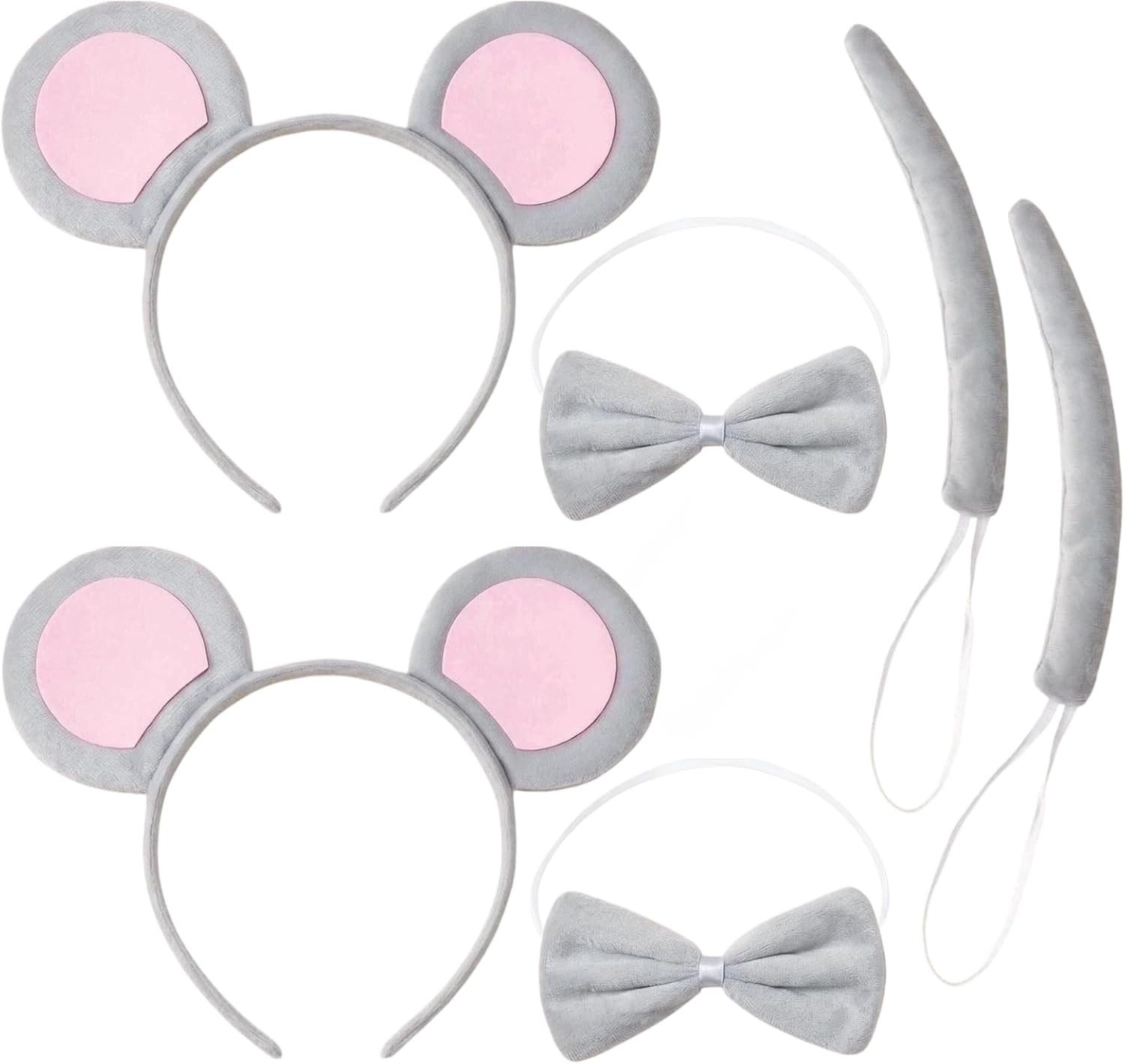 Set of 2 Headbands with Mouse Ears and Accessories Grey Costume Headbands with Ears, Ears, Tail and Bow Tie for Adults and Children