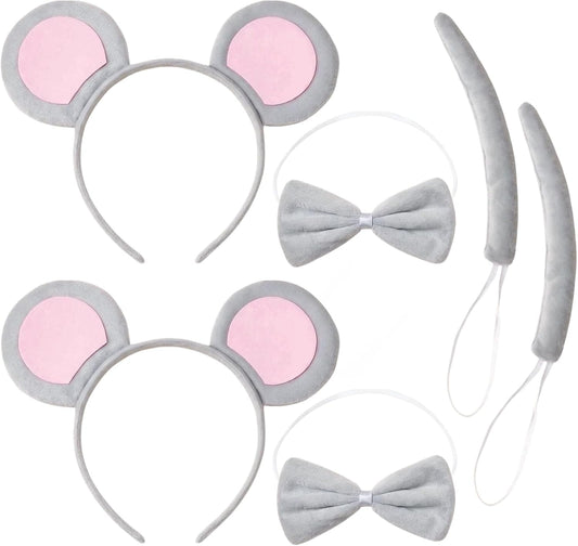 Set of 2 Headbands with Mouse Ears and Accessories Grey Costume Headbands with Ears, Ears, Tail and Bow Tie for Adults and Children