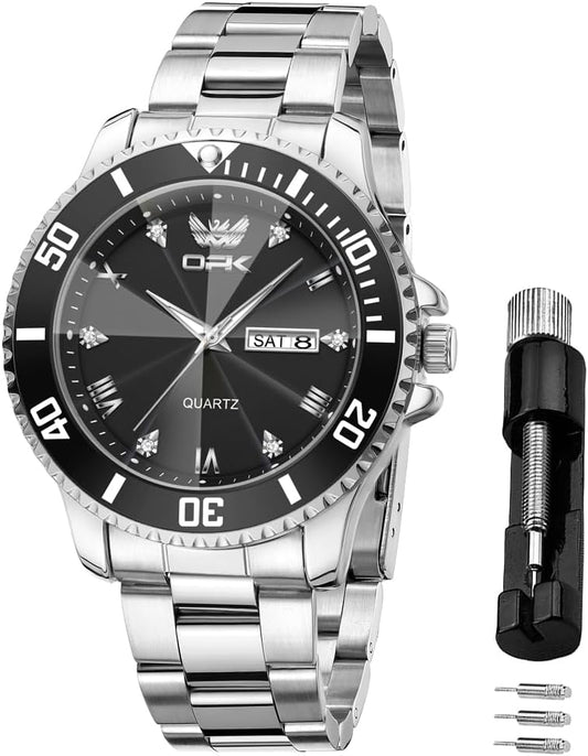 OPK Wristwatch, Men's, Quartz, Date, Waterproof, Noctilucent, Fashionable, Classic, Men's, Stainless Steel, School Office Watch for Men, black-8171, Bracelet Type