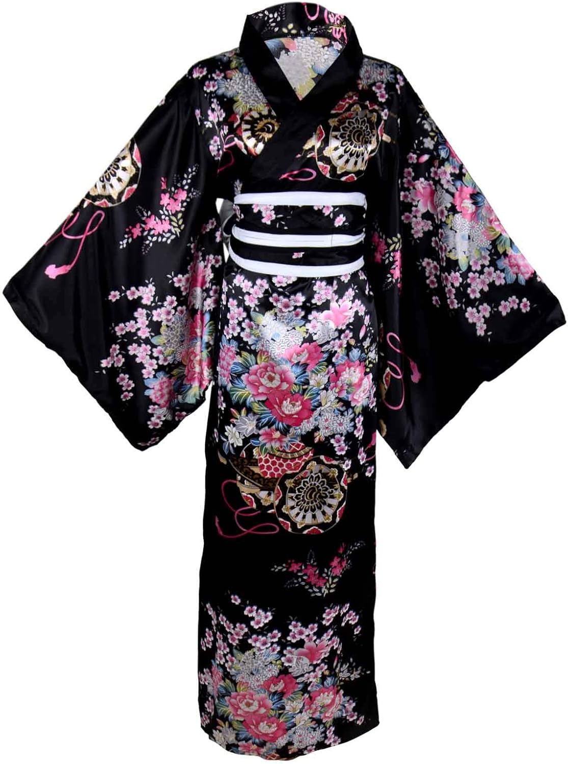 Women's Oiran-style Long Kimono Dress, Chiffon, Cherry Blossom, Japanese Style, Yukata, Cosplay, Obi Included, Long, Black