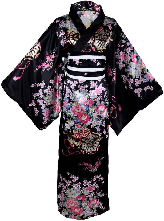 Women's Oiran-style Long Kimono Dress, Chiffon, Cherry Blossom, Japanese Style, Yukata, Cosplay, Obi Included, Long, Black