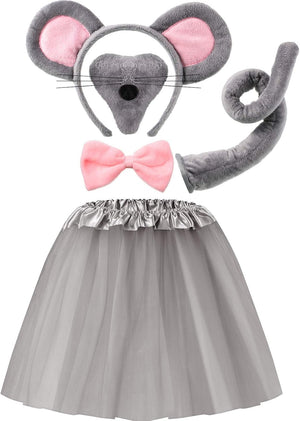 Geyoga Mouse Costume Set for Children, Tutu Skirt Set, Bowtie, Nose, Mouse Ears, Dress, Tutu Costume Accessories, Grey with Pink
