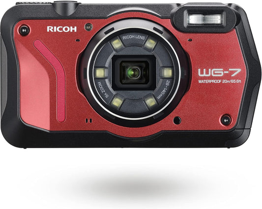 RICOH 3110 WG-7 Red Authentic Outdoor Camera, 20 Million Pixels, Wide Angle 1.1 inches (28 mm), 5x Optical Zoom, 6-Light Multi-Function Ring Light, Works in Construction and Sites, Equipped with "CALS
