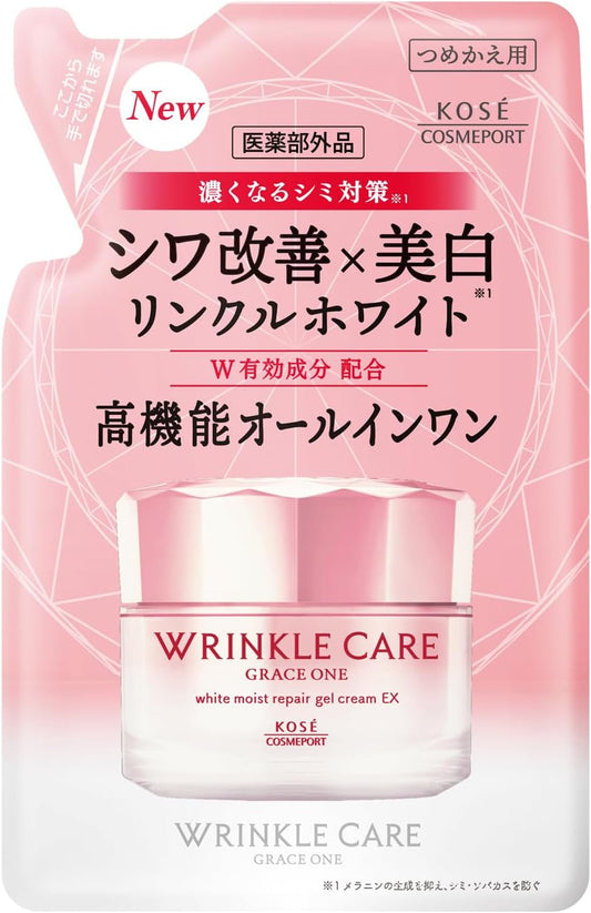 Kose Gray One Wrinkle Care, White, Moist Repair, Wrinkle Improvement, Whitening, Gel Cream, EX, Refill, 3.2 oz (90 g)