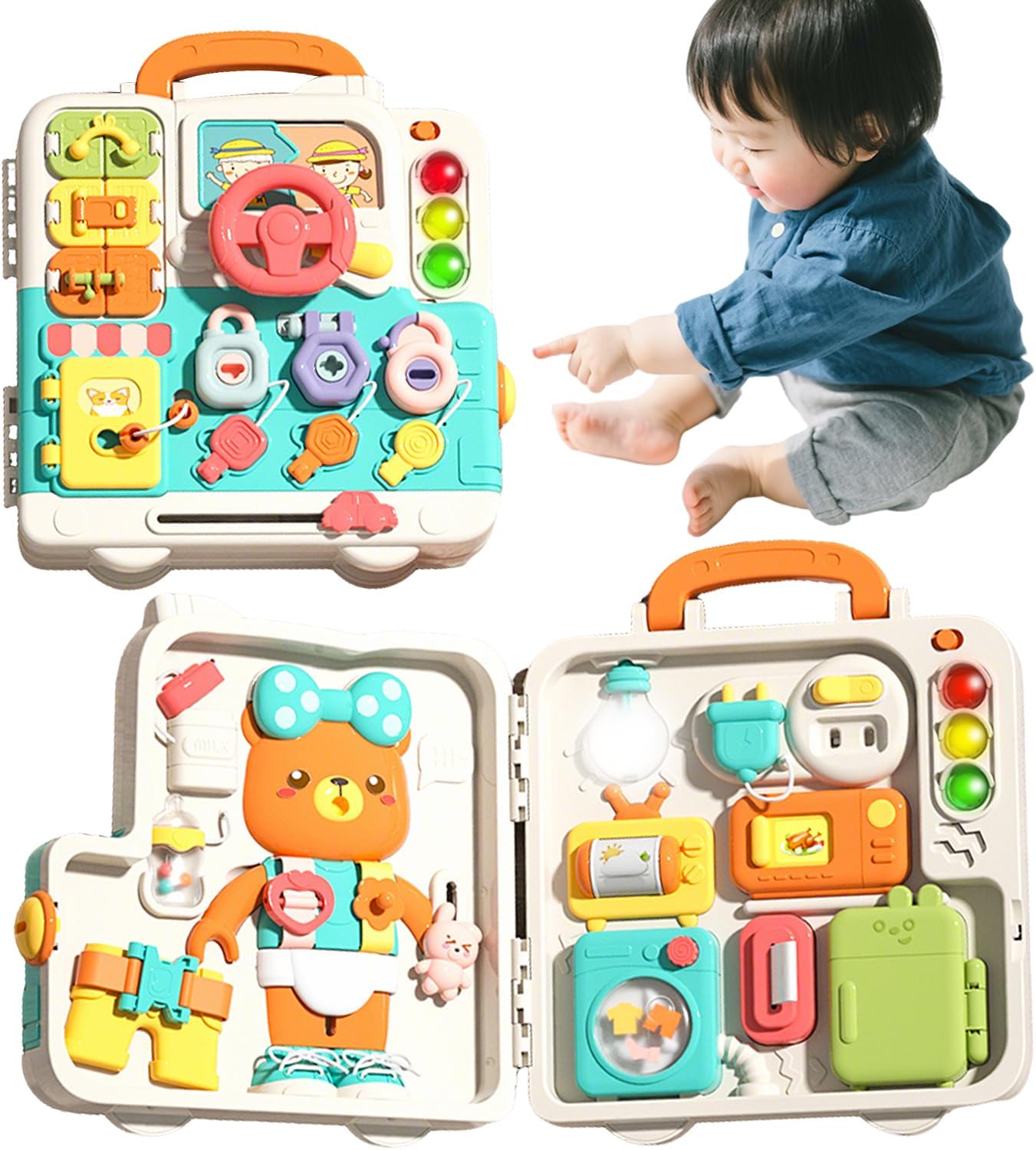 Baby Busy Box, Baby Toy for 3-Year Olds, Educational Toy with Home Appliances, Traffic, 3 Scenes, Music, Lights, Finger Play, English Learning & Life Skills Development, Birthday Gift for Girls