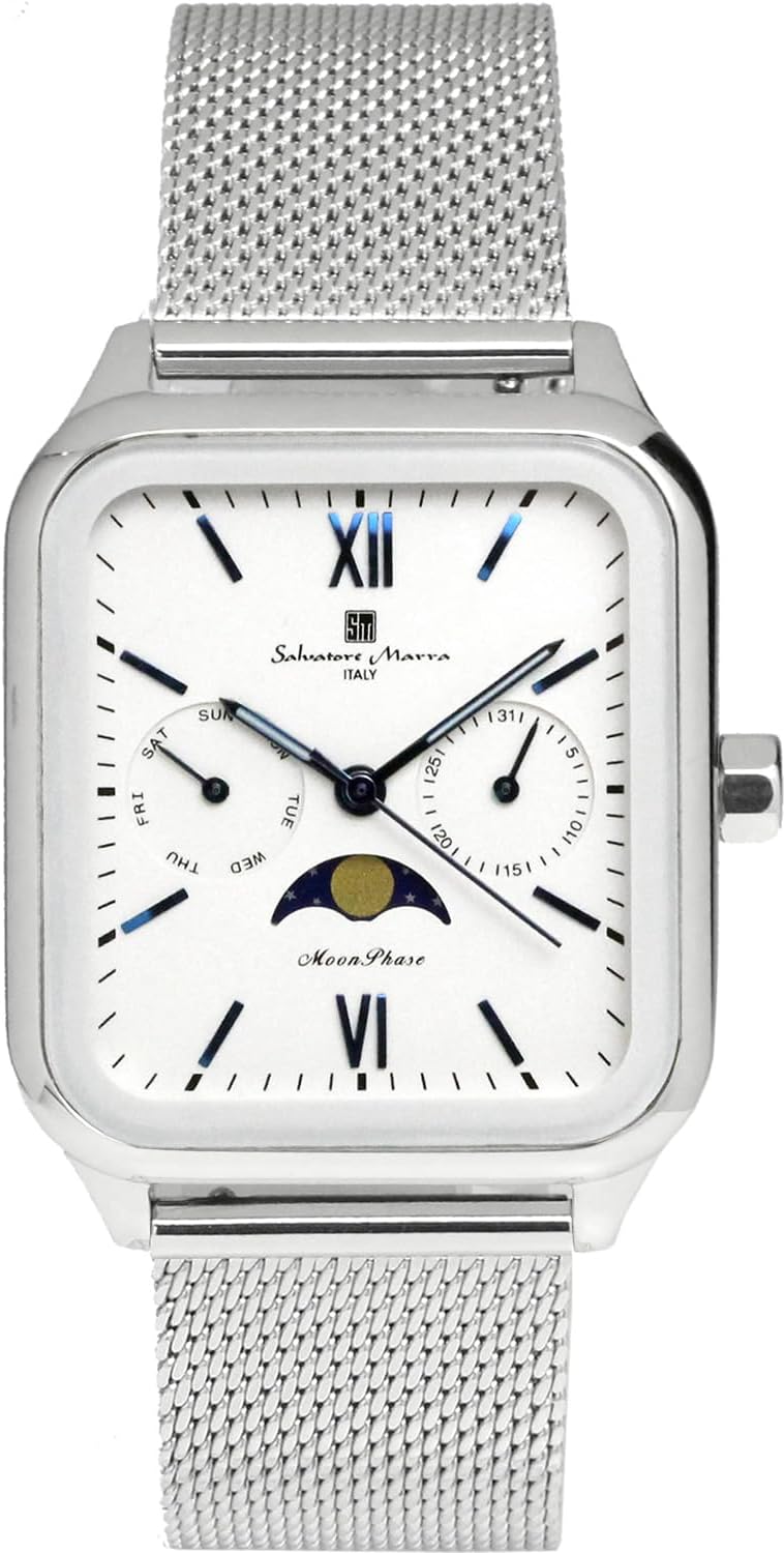 Salvatore Marra Men's Moonphase Watch, Square, Multi-Calendar, Business, Formal, Stainless Steel, Mesh Belt, Exclusive Model, Silver, White, SM24112-SSWHM