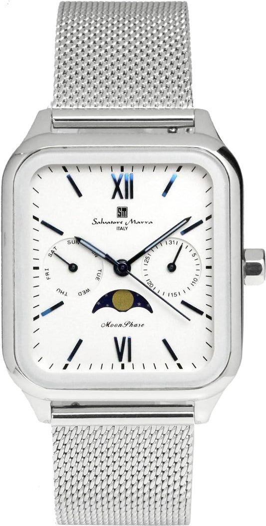 Salvatore Marra Men's Moonphase Watch, Square, Multi-Calendar, Business, Formal, Stainless Steel, Mesh Belt, Exclusive Model, Silver, White, SM24112-SSWHM