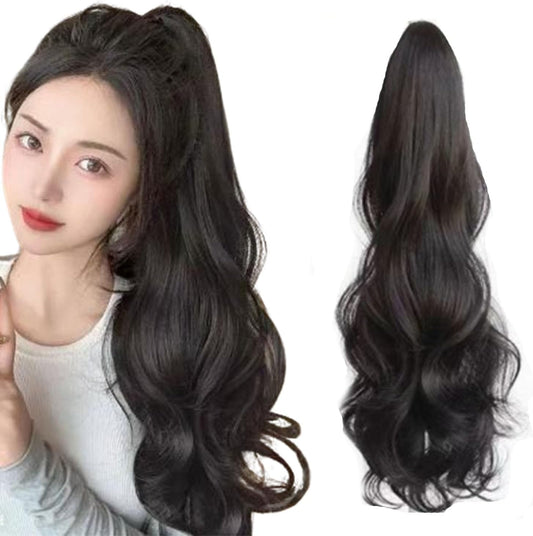 ポニーテールウィッグ つけ毛 ウィッグ 巻き髪 55cm ポニーテール クリップ ポニーテールエクステ 人工毛 付け髪 ロング エクステ ウェーブ 付け毛 レディース ファクション 小物 日常 デート ライ 簡単装着 舞台用 学園祭仮装 (ブラックブラウン)