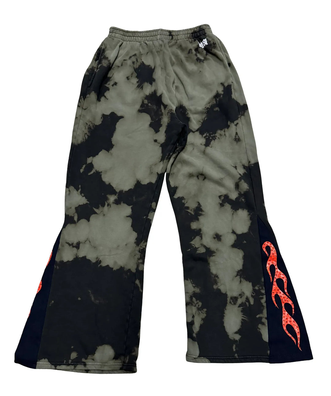BOSSI 'RED FLAME' BLEACHED RHINESTONE FLARE SWEATPANTS