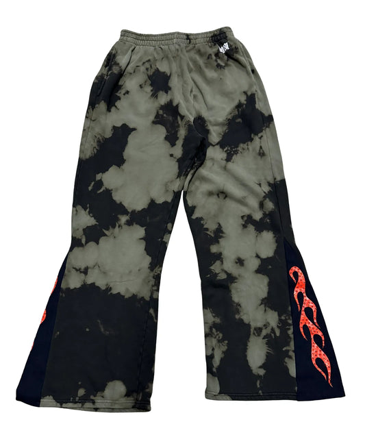 BOSSI 'RED FLAME' BLEACHED RHINESTONE FLARE SWEATPANTS