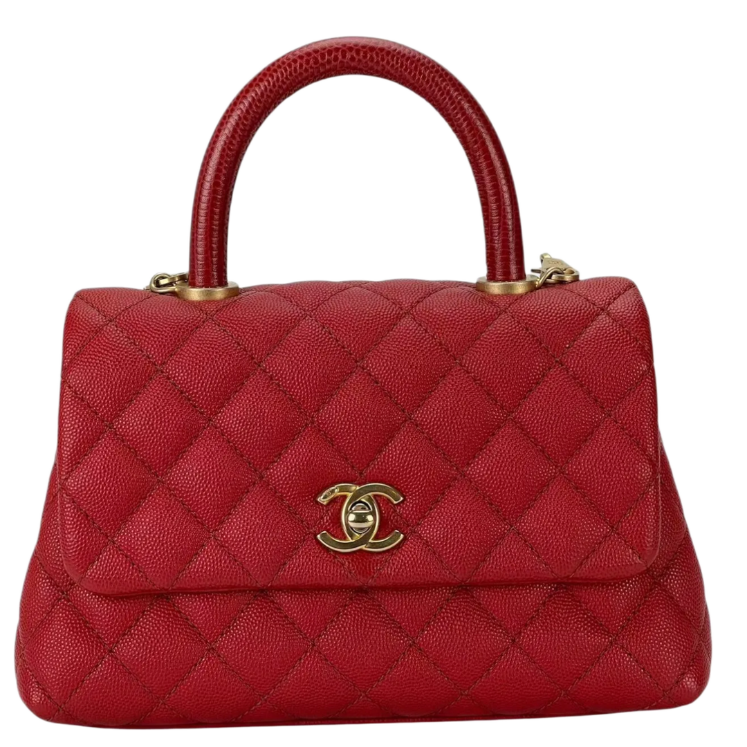 CHANEL 'RED' CAVIAR LIZARD EMBOSSED QUILTED MINI COCO HANDLE FLAP BAG