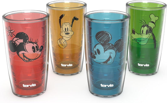 Tervis Disney Fundamentals Collection - Vaso aislado de doble pared hecho en Estados Unidos mantiene las bebidas frías y calientes, 16 onzas, paquete de 4, surtido