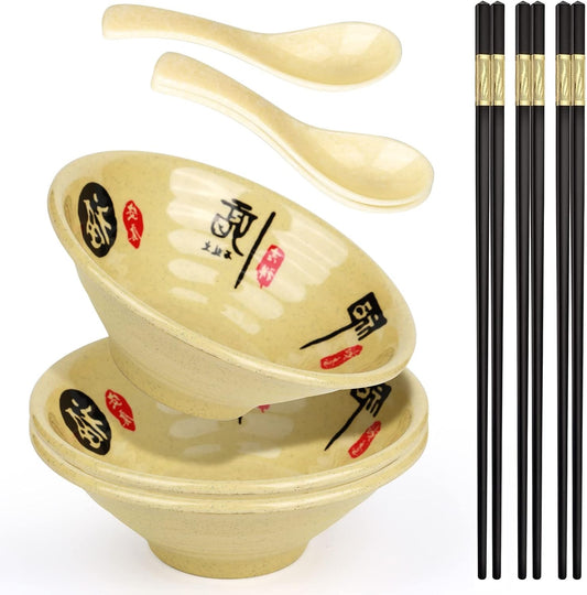 Melamine Ramen Bowl Chinese Japanese Style Soup Bowl Ramen Japanese Ramen Bowl, Instant Ramen Bowl, For Udon, Soba, Fo, Noodles, Breakfast, Melamine Material, Soup Bowl, Ramen, Asian Cooking (Color: B-3 sets/beige, Size: 9 inches)