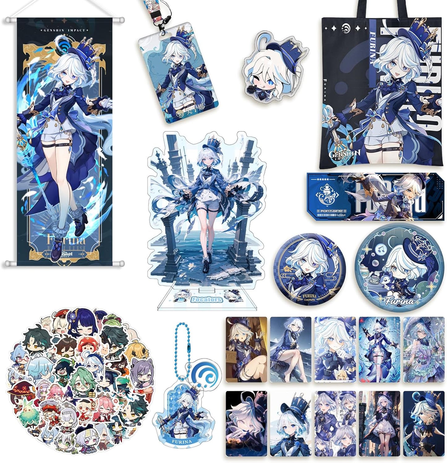 Genshin Impact Furina Goods Water God Lucky Bag Set Badge Acrylic Stand Wall Hanging Birthday Present Gift (Furina)