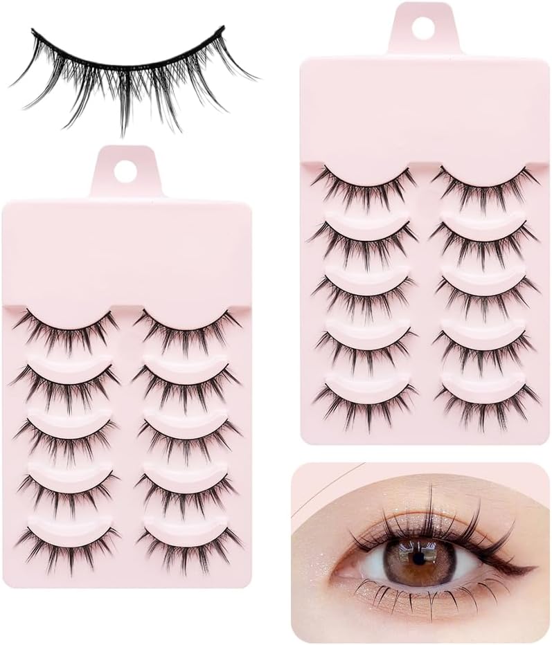 False Eyelashes, Set of 10, Bunch, 009 Little Devil Style, Transparent Clear Band, Natural Finish, 1 Second Eyelashes, Popular, Everyday Makeup, Cosplay Use, Pack of 2