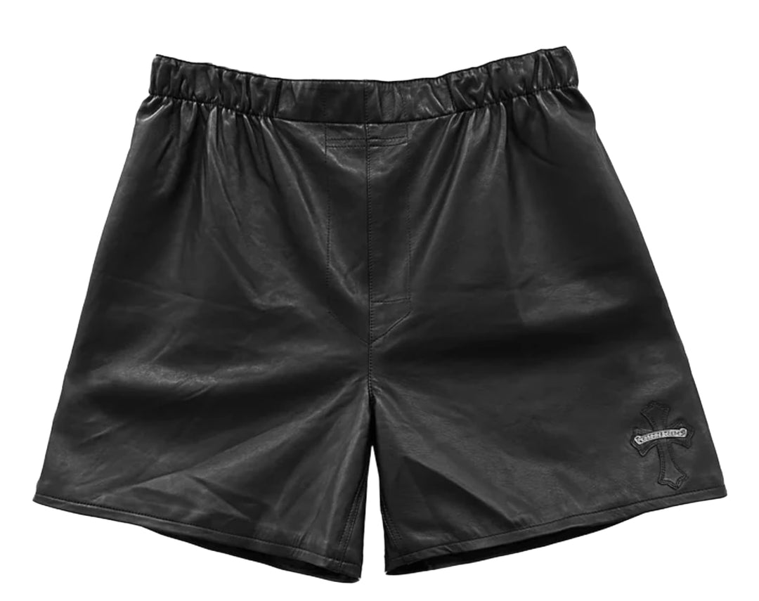 CHROME HEARTS 'BLACK LEATHER' SCROLL CROSS PATCH SHORTS