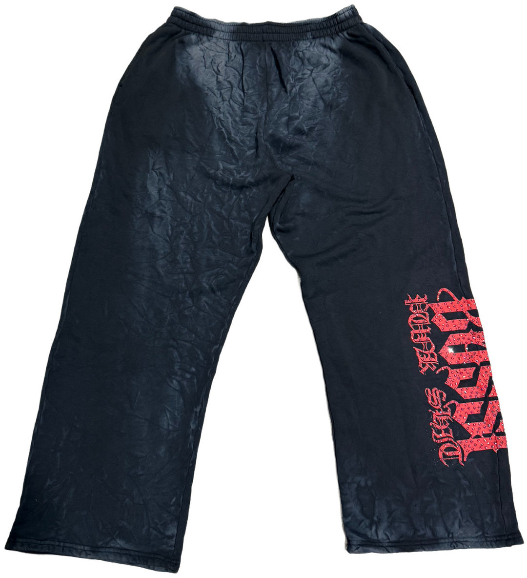 BOSSI 'RED HEAVY METAL' WASHED BLACK RHINESTONE SWEATPANTS