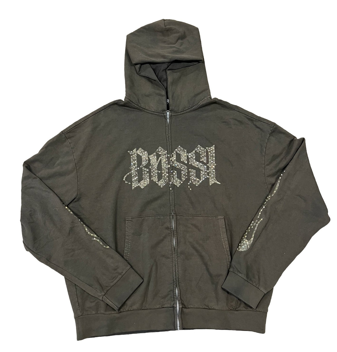BOSSI 'OLIVE AND CHAMPAGNE' RHINESTONE ZIP-UP
