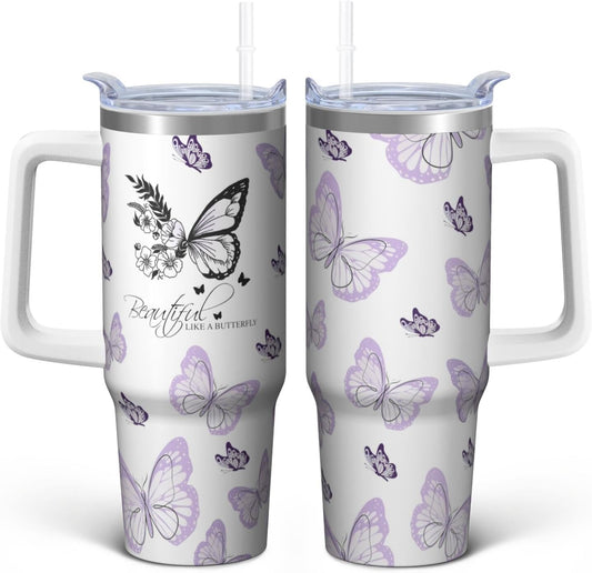 Vaso de mariposa con asa y pajita, botella de agua de viaje de 30 onzas con tapa, taza aislada de acero inoxidable, regalos de cumpleaños para mujeres amantes de los animales