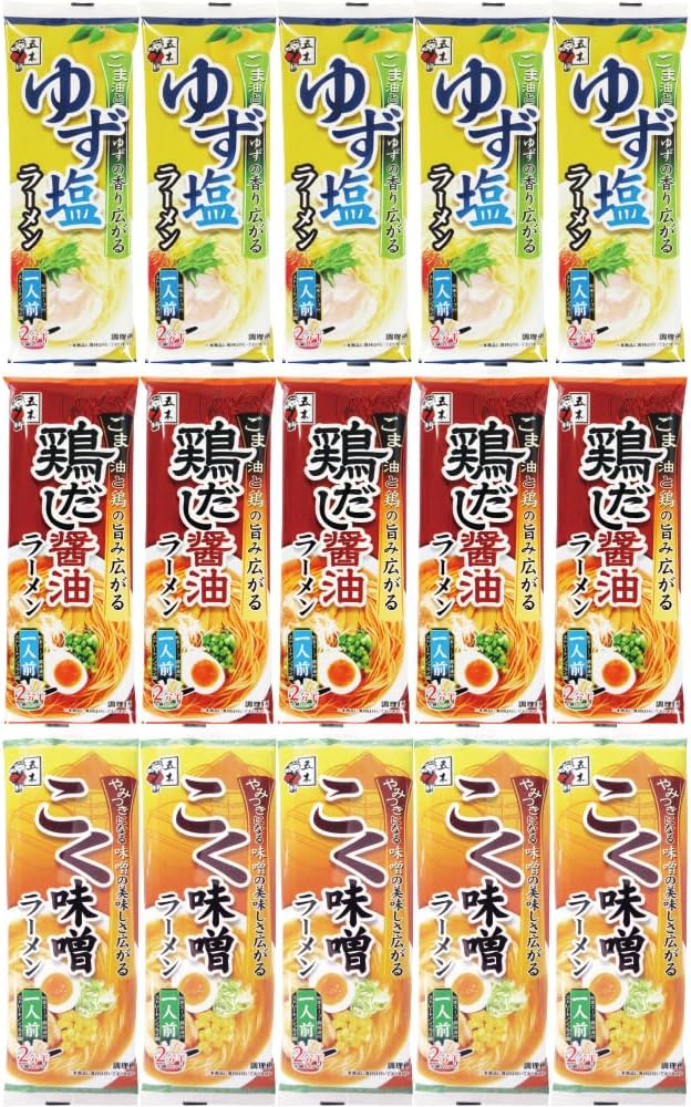 Itsuki Foods 1-Serving Stick Ramen Yuzu Salt & Chicken Dashi Soy Sauce & Rich Miso Set (3 Varieties x 5 Each, 15 Total) (Yuzu Salt/Chicken Dashi Soy Sauce/Rich Miso) (Room Temperature Storage