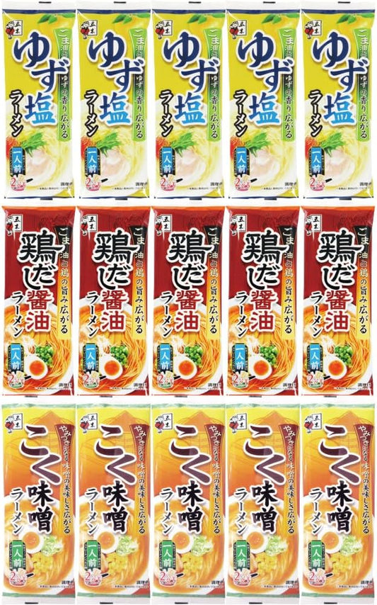 Itsuki Foods 1-Serving Stick Ramen Yuzu Salt & Chicken Dashi Soy Sauce & Rich Miso Set (3 Varieties x 5 Each, 15 Total) (Yuzu Salt/Chicken Dashi Soy Sauce/Rich Miso) (Room Temperature Storage