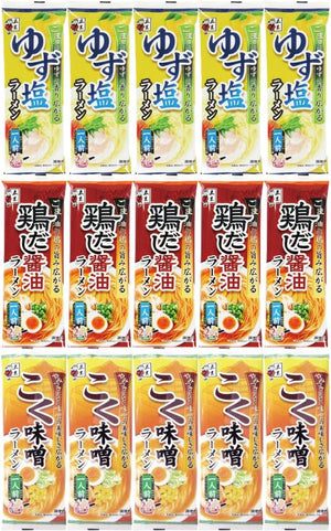 Itsuki Foods 1-Serving Stick Ramen Yuzu Salt & Chicken Dashi Soy Sauce & Rich Miso Set (3 Varieties x 5 Each, 15 Total) (Yuzu Salt/Chicken Dashi Soy Sauce/Rich Miso) (Room Temperature Storage