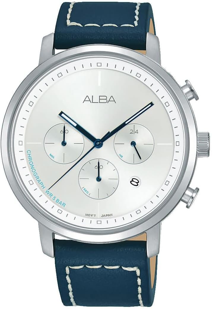 Seiko Alba AT3D63X1 Chronograph Chrono PRESIGE Prestige Men's Analog Date Calendar Blue Navy Leather Belt Leather Strap Wrist Watch Japan Movement, Silver
