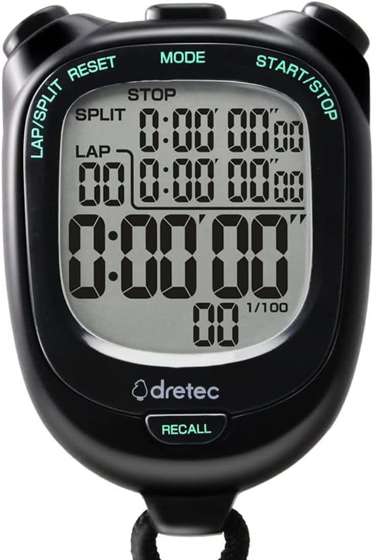 dretec Stopwatch, Easy to Read on Large Screen, Measures in 0.01 Second, Lap/Split Function, Replaceable Batteries, Noise Reducing, Study, Black, Approx. W 2.3 x D 0.8 x H 3.2 inches (58 x 21 x 81 mm)