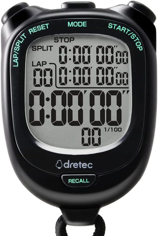 dretec Stopwatch, Easy to Read on Large Screen, Measures in 0.01 Second, Lap/Split Function, Replaceable Batteries, Noise Reducing, Study, Black, Approx. W 2.3 x D 0.8 x H 3.2 inches (58 x 21 x 81 mm)