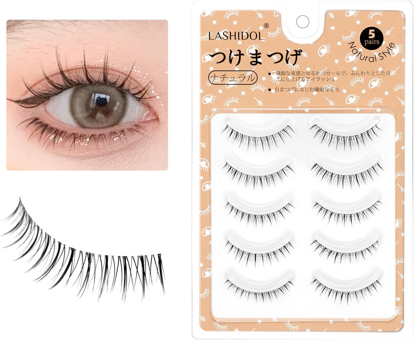 Lashidol False Eyelashes, Natural, Transparent Base, Handmade, DIY at Home, For Daily Makeup, 5 Pairs (Sweet Idol)