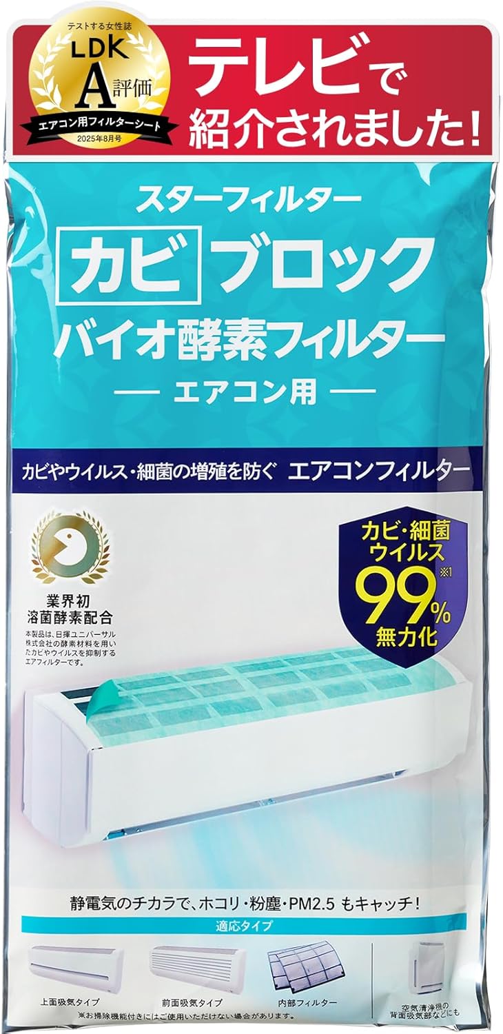 【LDK A Rating Awarded】Mold Block Bio Enzyme Filter Air Conditioner Filter for Wall-mounted Air Conditioners, 99% Neutralization of Mold and Bacteria, Adhesive Tape Included, 38×80cm×2 Pieces, Star